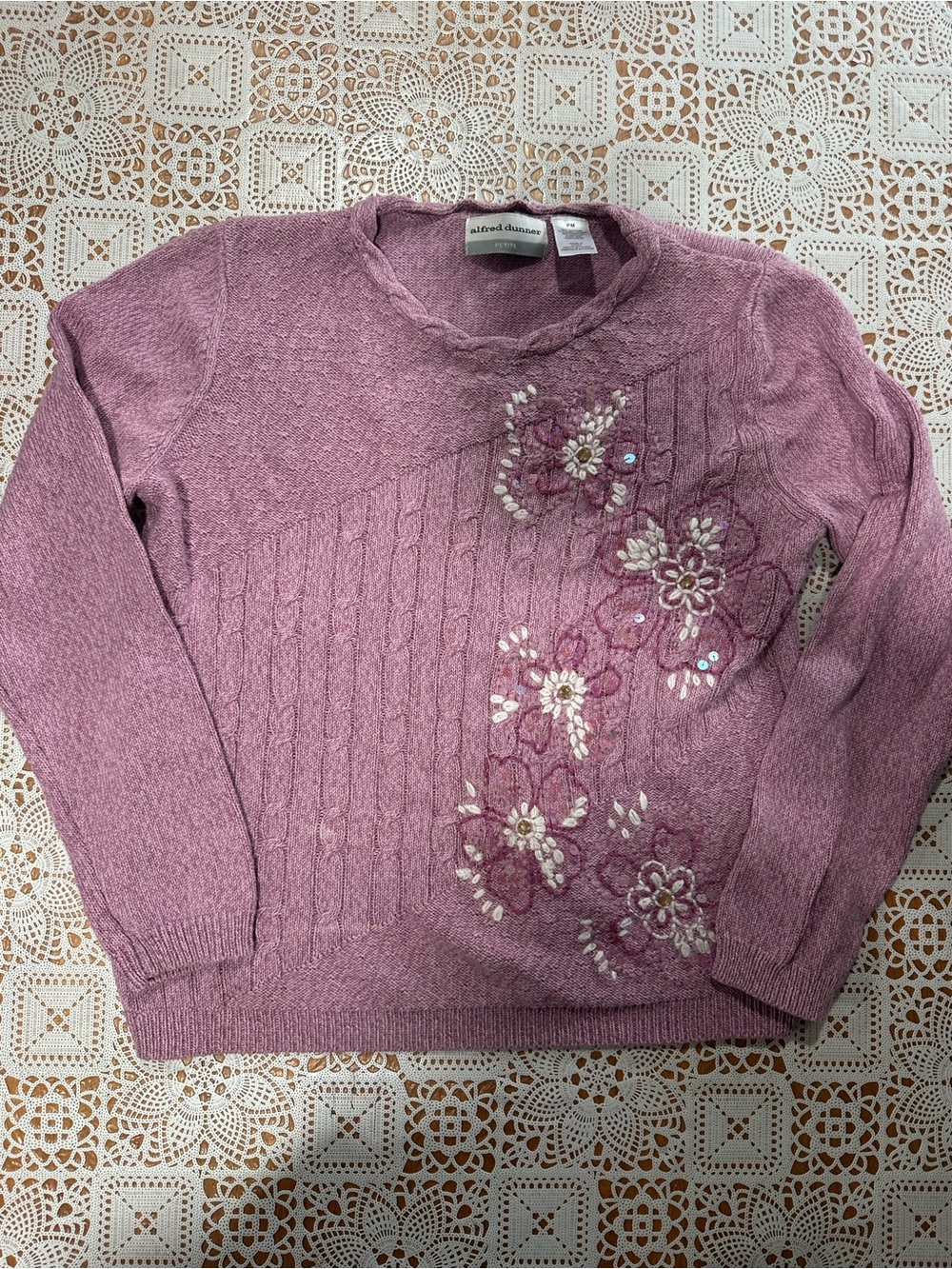Alfred Dunner Petite PM Pink Floral Embroidered Sequin Sweater
